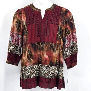 Calessa Embroidered Patchwork Tiered Tunic Top Blouse Womens Size Large Boho